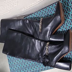 Tory Burch Black Blossom Block Heel Boots Tall Knee High Shoes